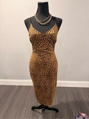 Fashion Nova Leopard Slip Midi Dress - Tan & Black